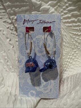 Betsy Johnson USA Ball Cap Hat Earrings with Rhinestones